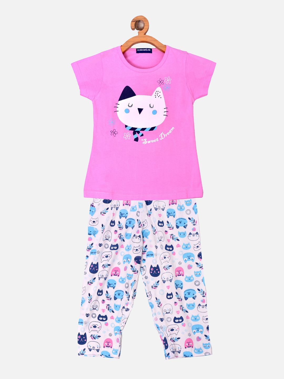 

BORN WEAR Girls Pink & White Pure Cotton Printed Night suit