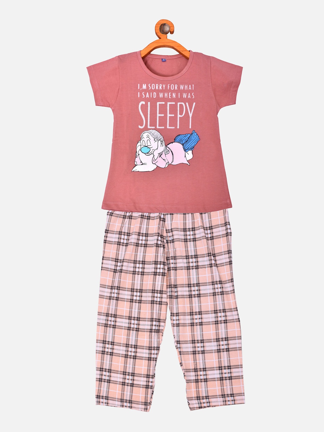 

BORN WEAR Girls Peach-Coloured Printed Pure Cotton Night Suit