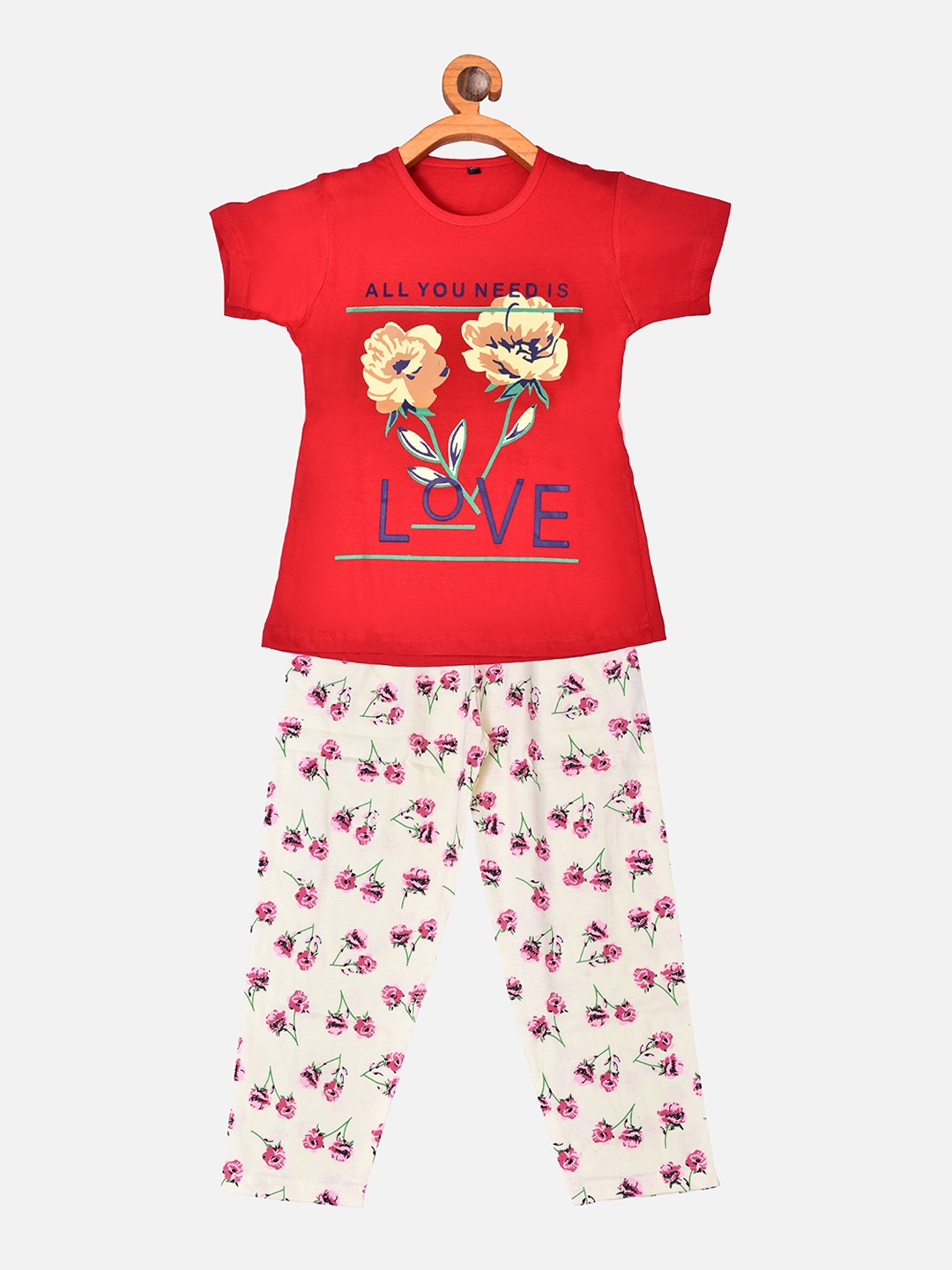 

BORN WEAR Girls Red & Cream-Coloured Printed Pure Cotton Night suit