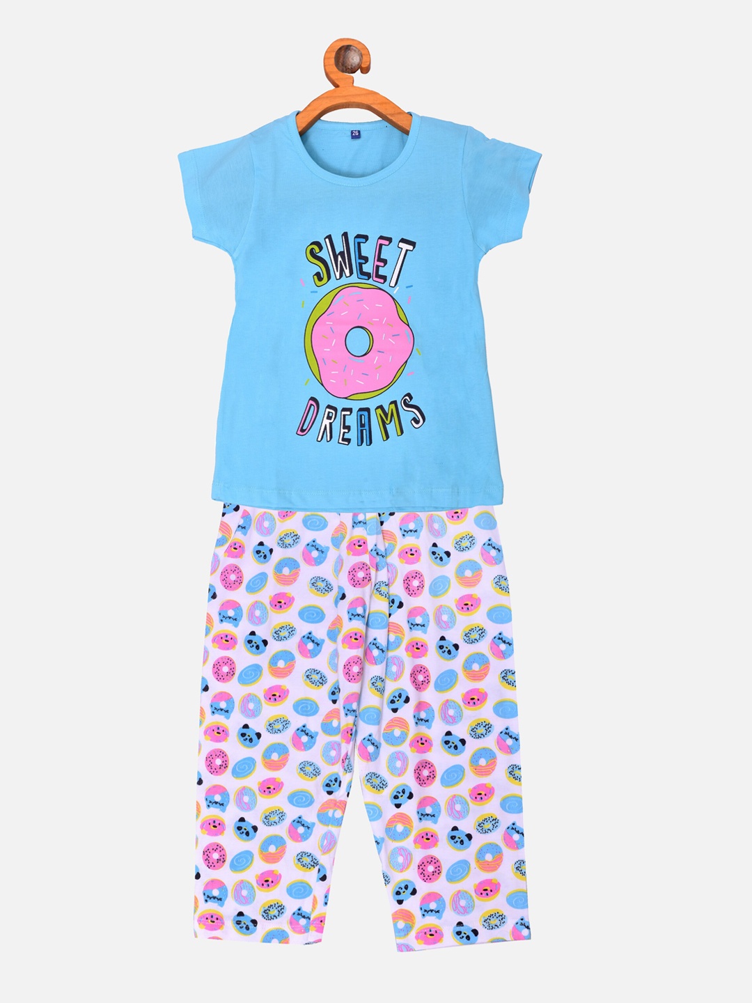 

BORN WEAR Girls Blue & White Printed Pure Cotton Night Suit