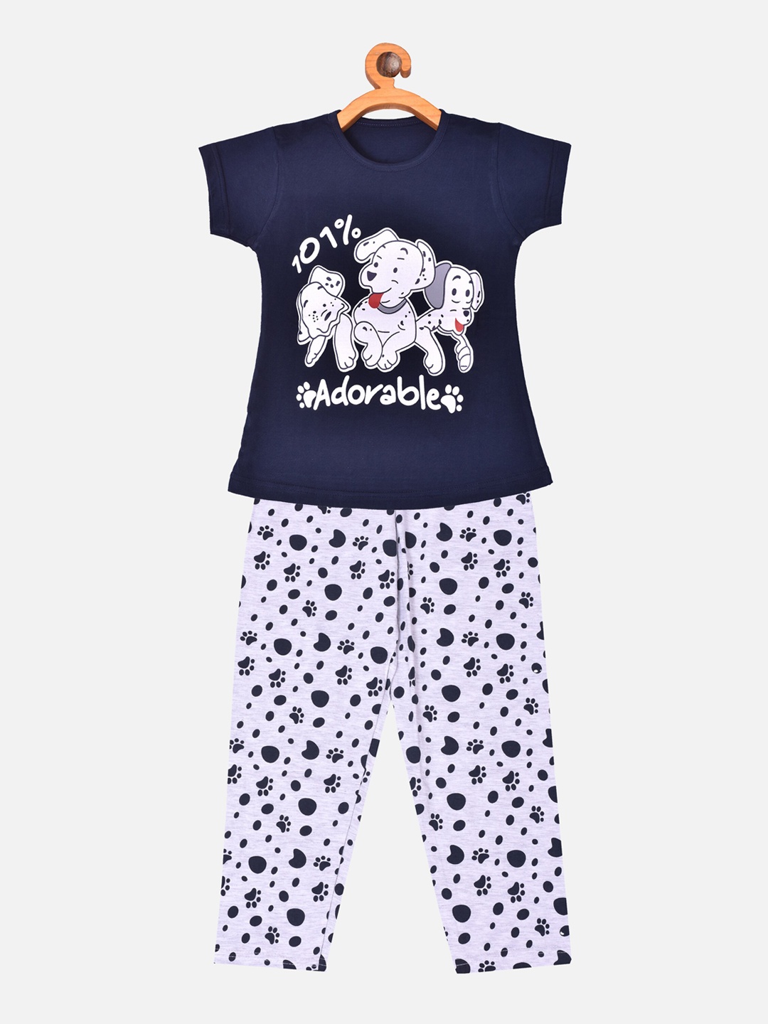 

BORN WEAR Girls Navy Blue & White Pure Cotton Printed Night suit
