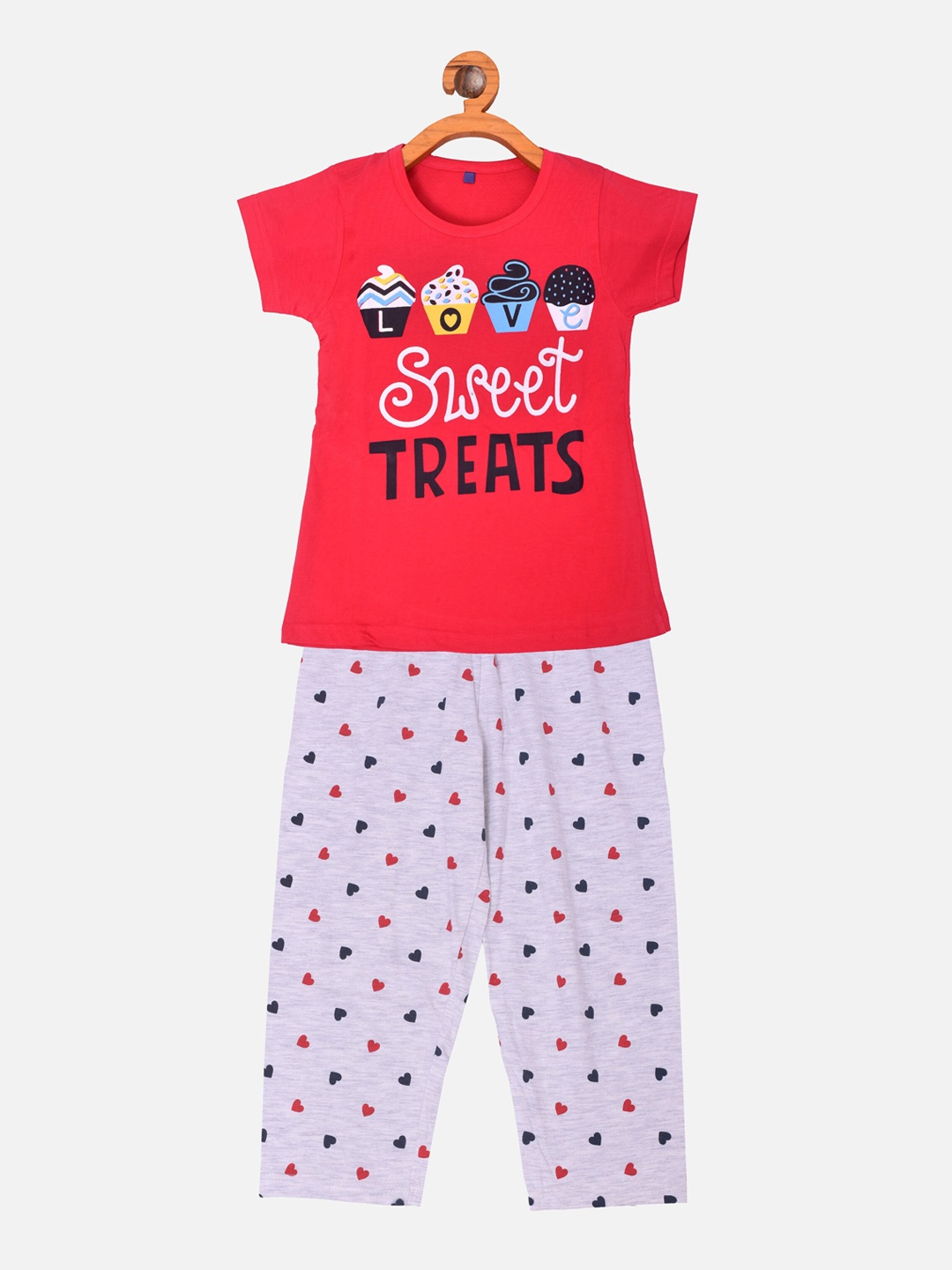 

BORN WEAR Girls Red & Grey Printed Pure Cotton Night Suit
