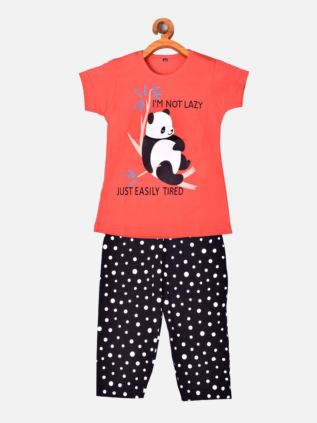 

BORN WEAR Girls Orange & Black Pure Cotton Printed Night suit