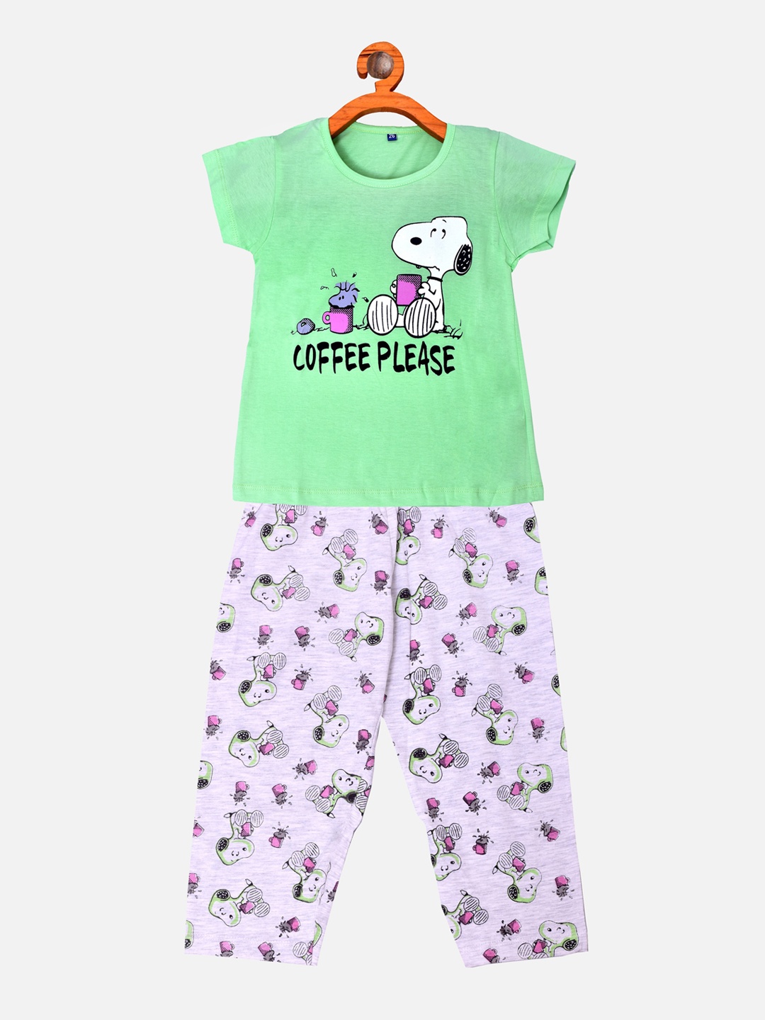 

BORN WEAR Girls Sea Green & Grey Printed Pure Cotton Night Suit