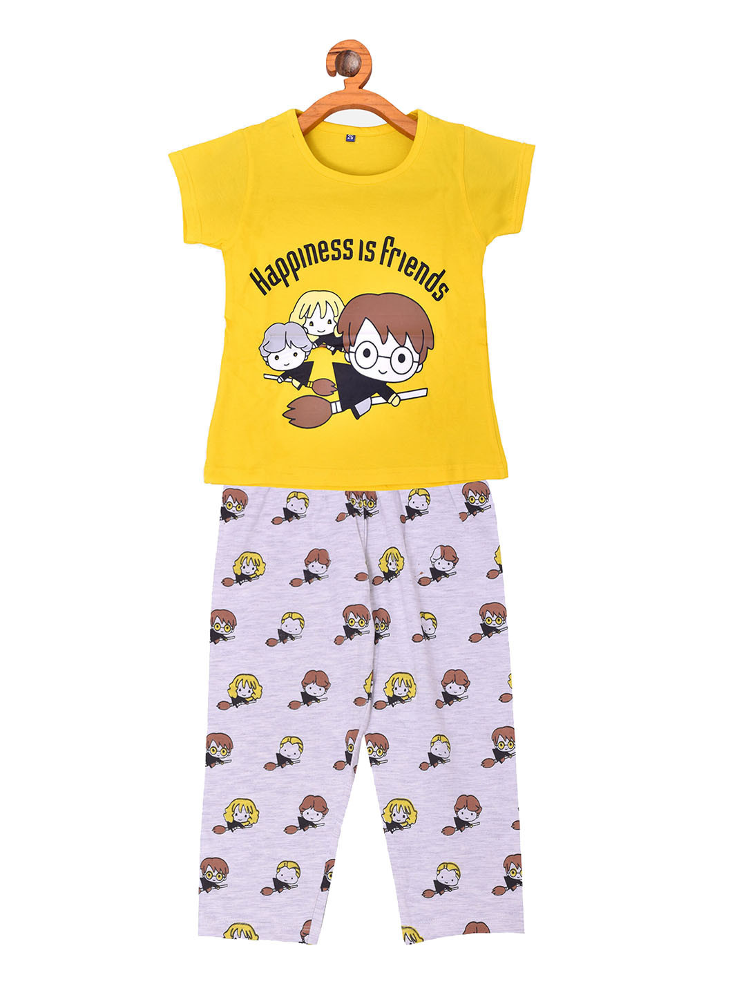 

BORN WEAR Girls Yellow & Grey Printed Pure Cotton Night suit