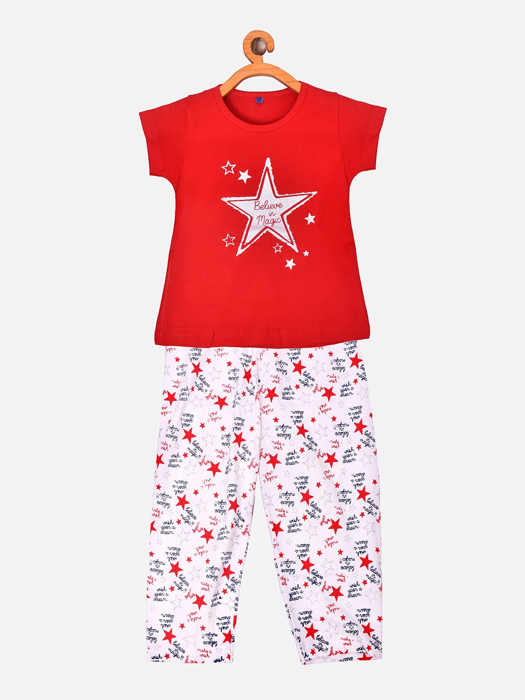 

BORN WEAR Girls Red & White Printed Pure Cotton Night Suit