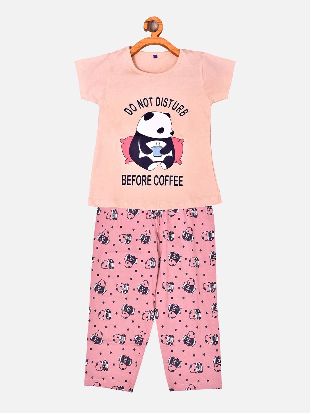 

BORN WEAR Girls Peach-Coloured Printed Pure Cotton Night Suit