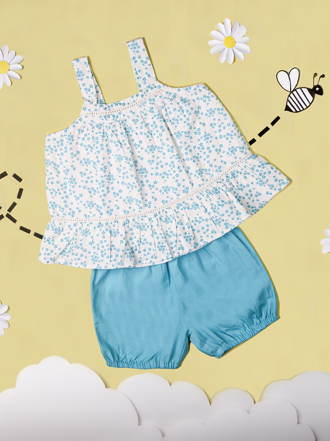 

KICKS & CRAWL Girls White & Blue Printed Top with Shorts