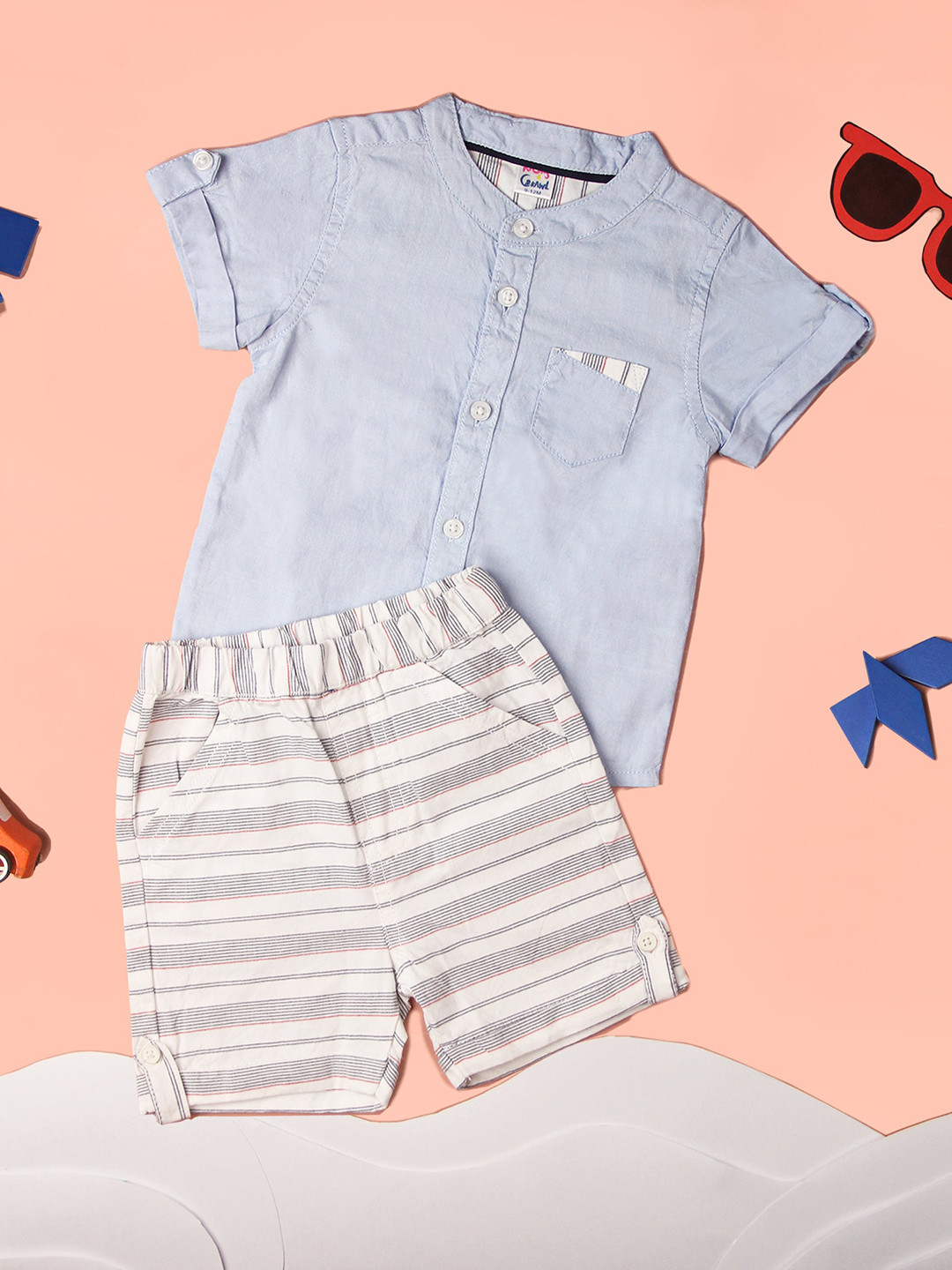 

KICKS & CRAWL Boys Blue & White Shirt with Shorts Coordinate Set