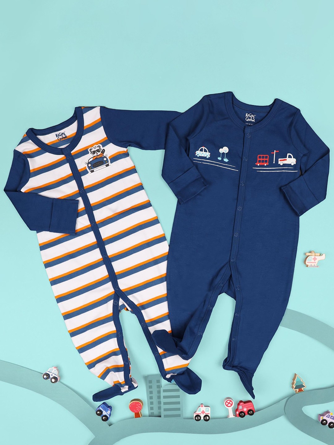 

KICKS & CRAWL Infants Kids Pack Of 2 Printed Cotton Sleepsuits, Navy blue