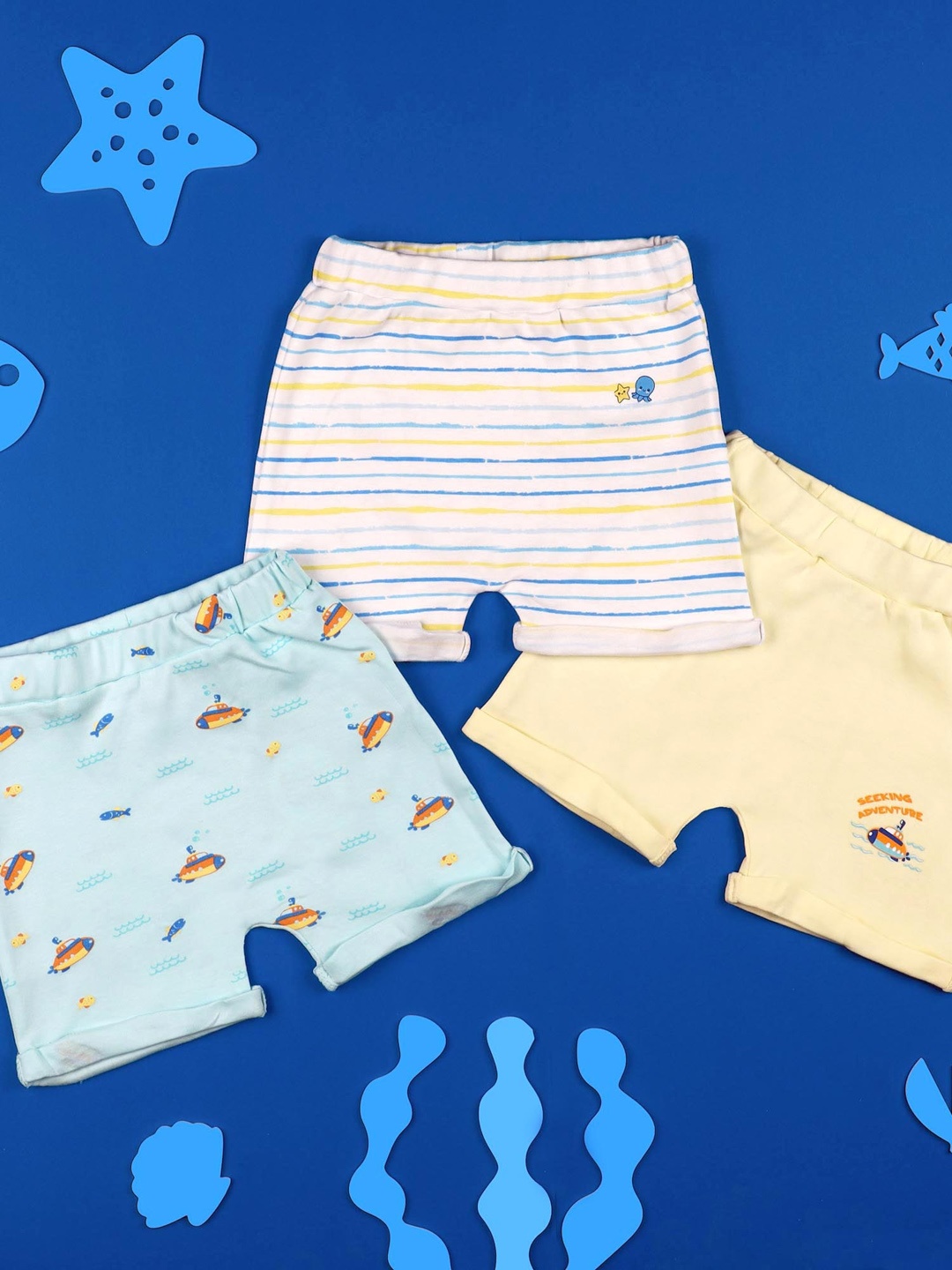 KICKS & CRAWL Boys Pack Of 3 Sea Adventure Printed Cotton Shorts, White