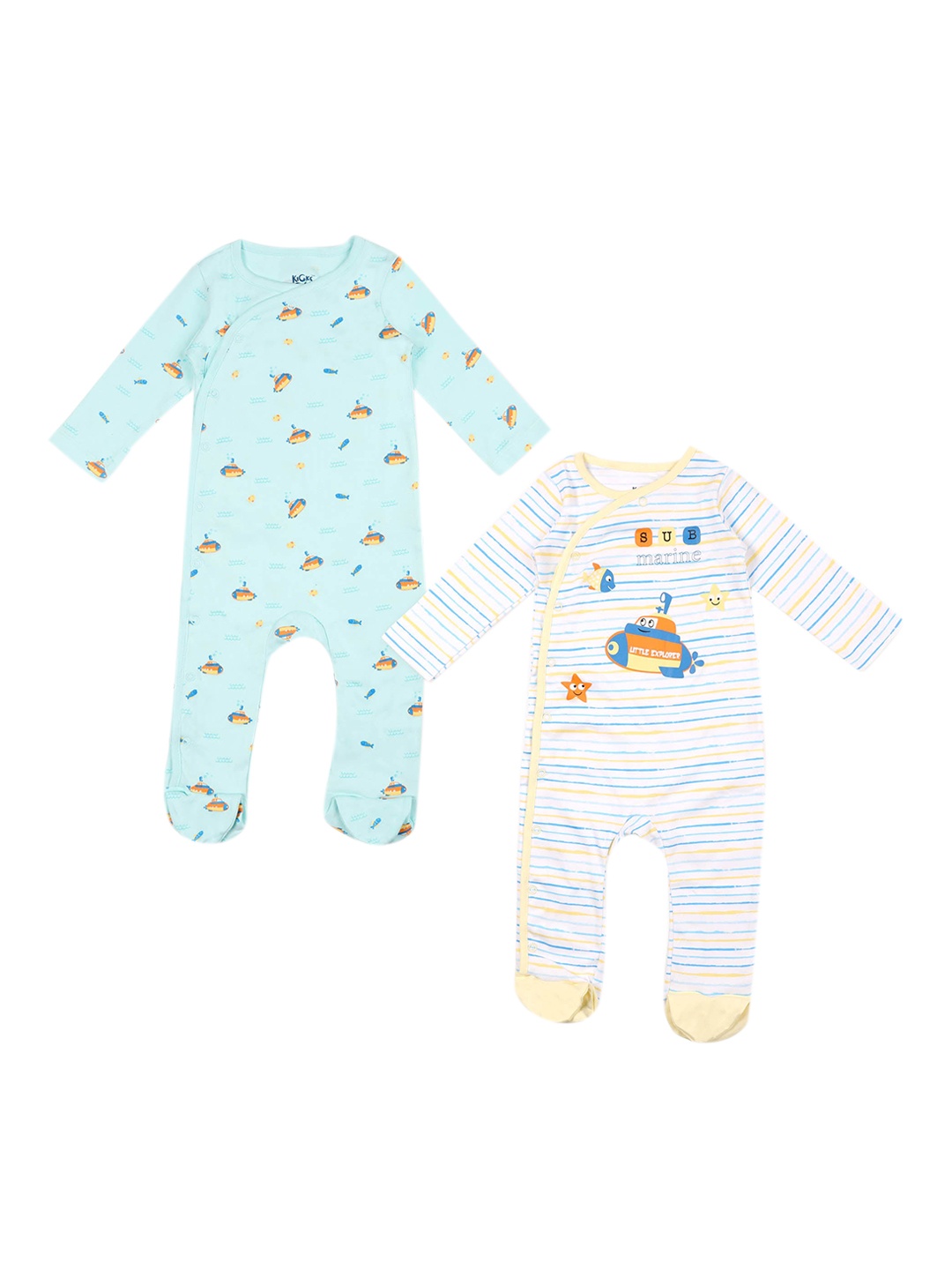 

KICKS & CRAWL Infants Kids Pack Of 2 Blue & White Printed Cotton Sleepsuits