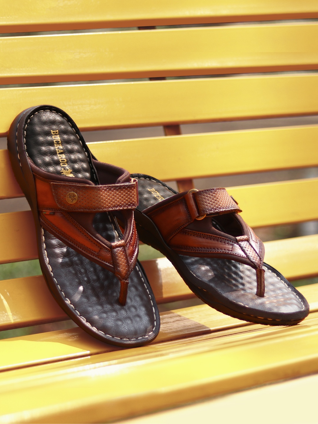 

BUCKAROO Men Tan Brown Perforated Leather Comfort Sandals with Cut-Out