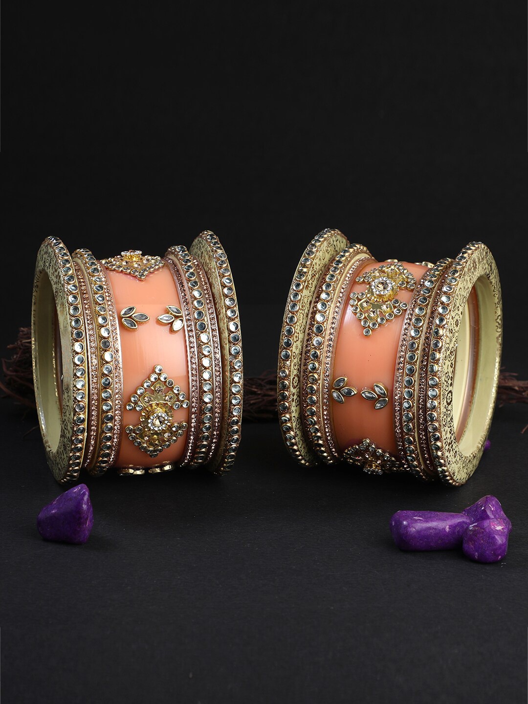 

Adwitiya Collection Set of 18 Gold-Plated Peach-Coloured Bridal Bangles