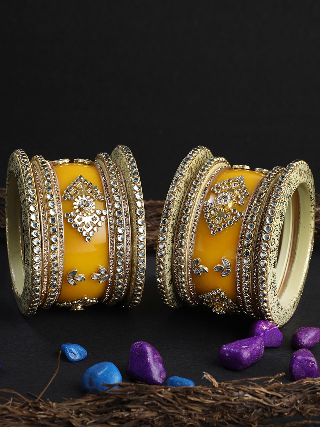 

Adwitiya Collection Set Of 18 Yellow Kundan Bridal Chuda