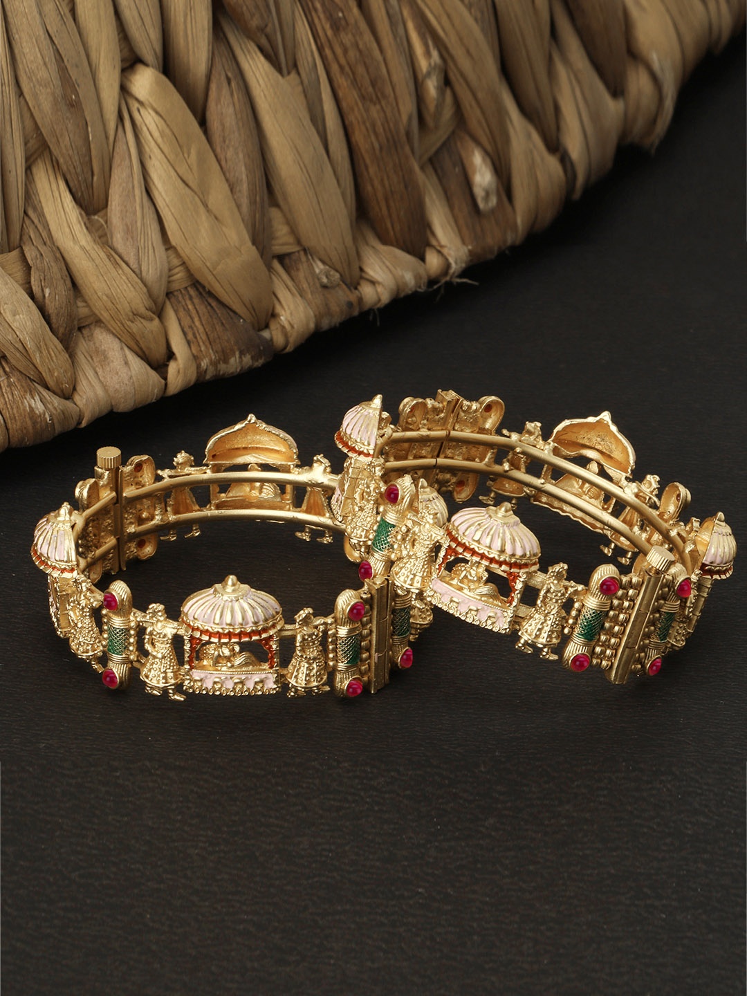 

Adwitiya Collection Set Of 2 24 CT Gold-Plated Red Stone-Studded Temple Bangles