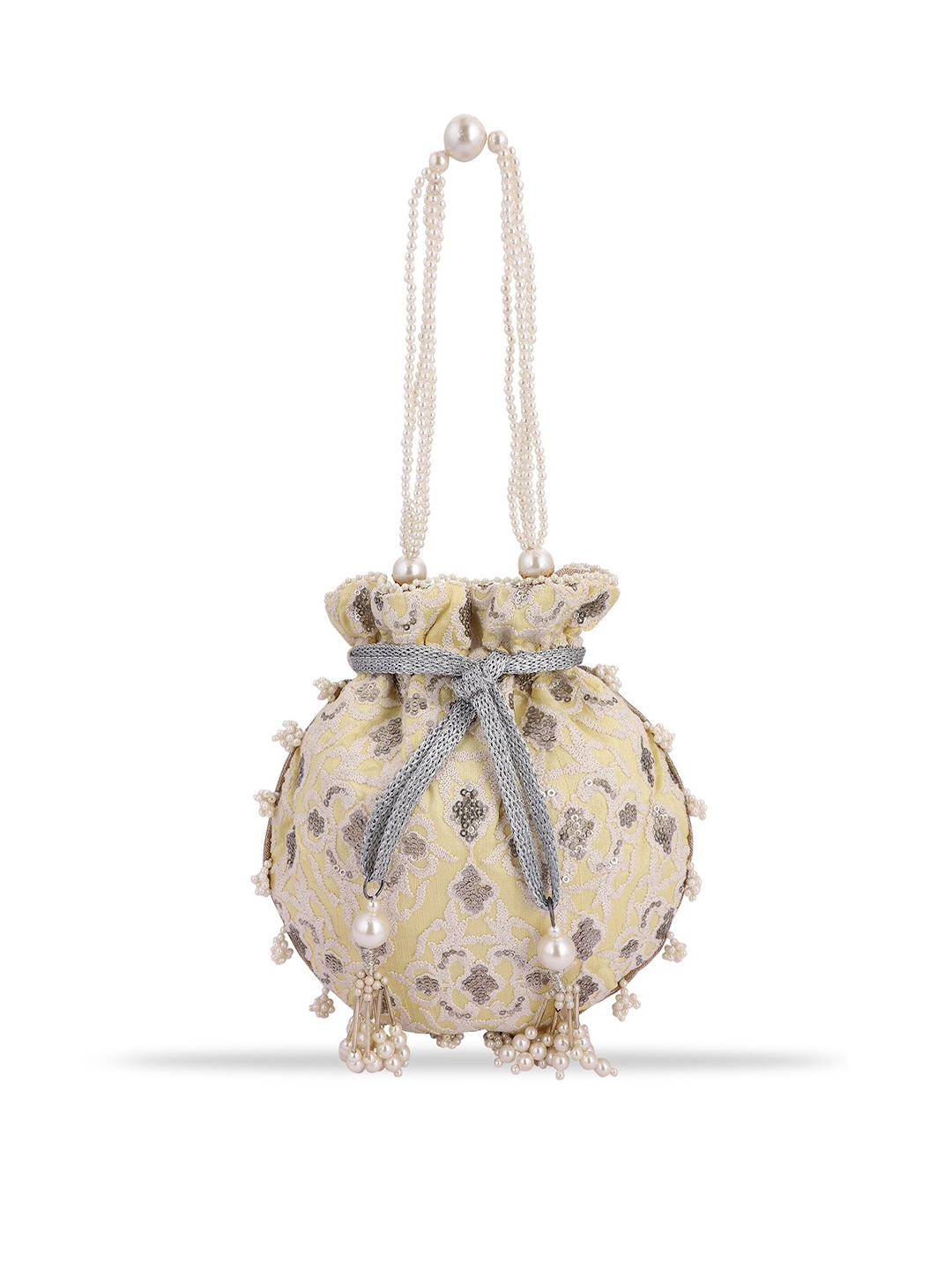 

MASQ Women Yellow & Grey Embellished Embroidered Potli Clutch