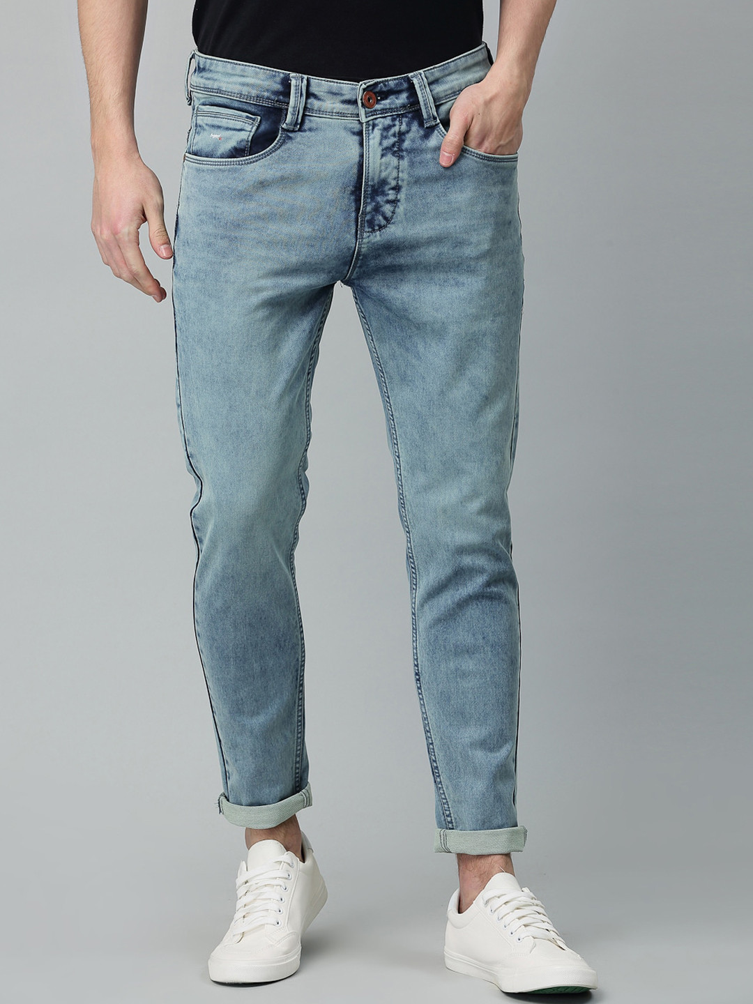 

Code 61 Men Sea Green Skinny Fit Low-Rise Heavy Fade Acid Wash Stretchable Jeans