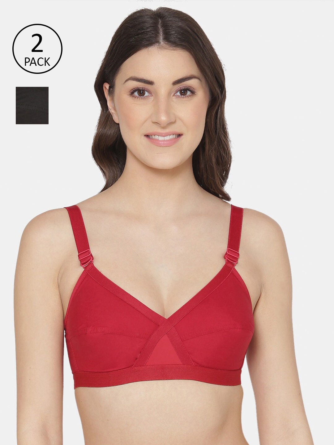 

KOMLI Red & Black Set Of 2 Solid Cotton Full Coverage Minimiser Bra