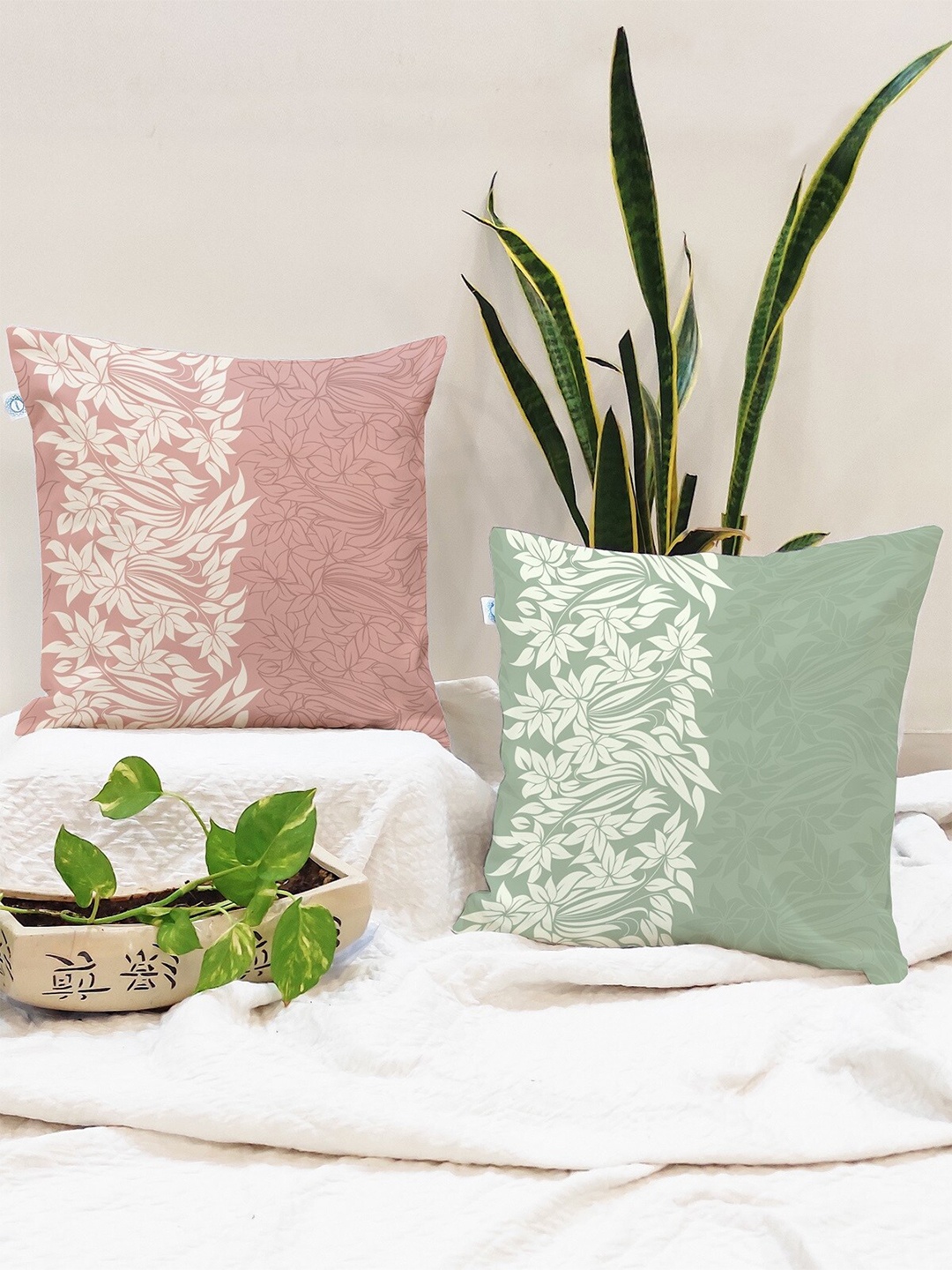 

STITCHNEST Teal & Peach-Coloured Set of 2 Floral Square Cushion Covers
