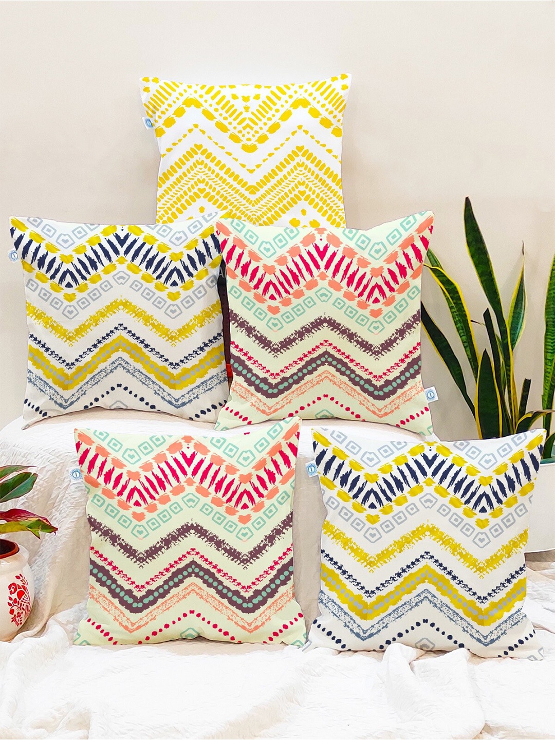 

STITCHNEST Teal & Yellow Set of 5 Geometric Square Cushion Covers