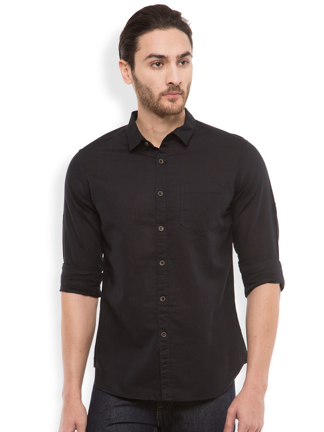 

LOCOMOTIVE Men Black Slim Fit Solid Linen Shirt