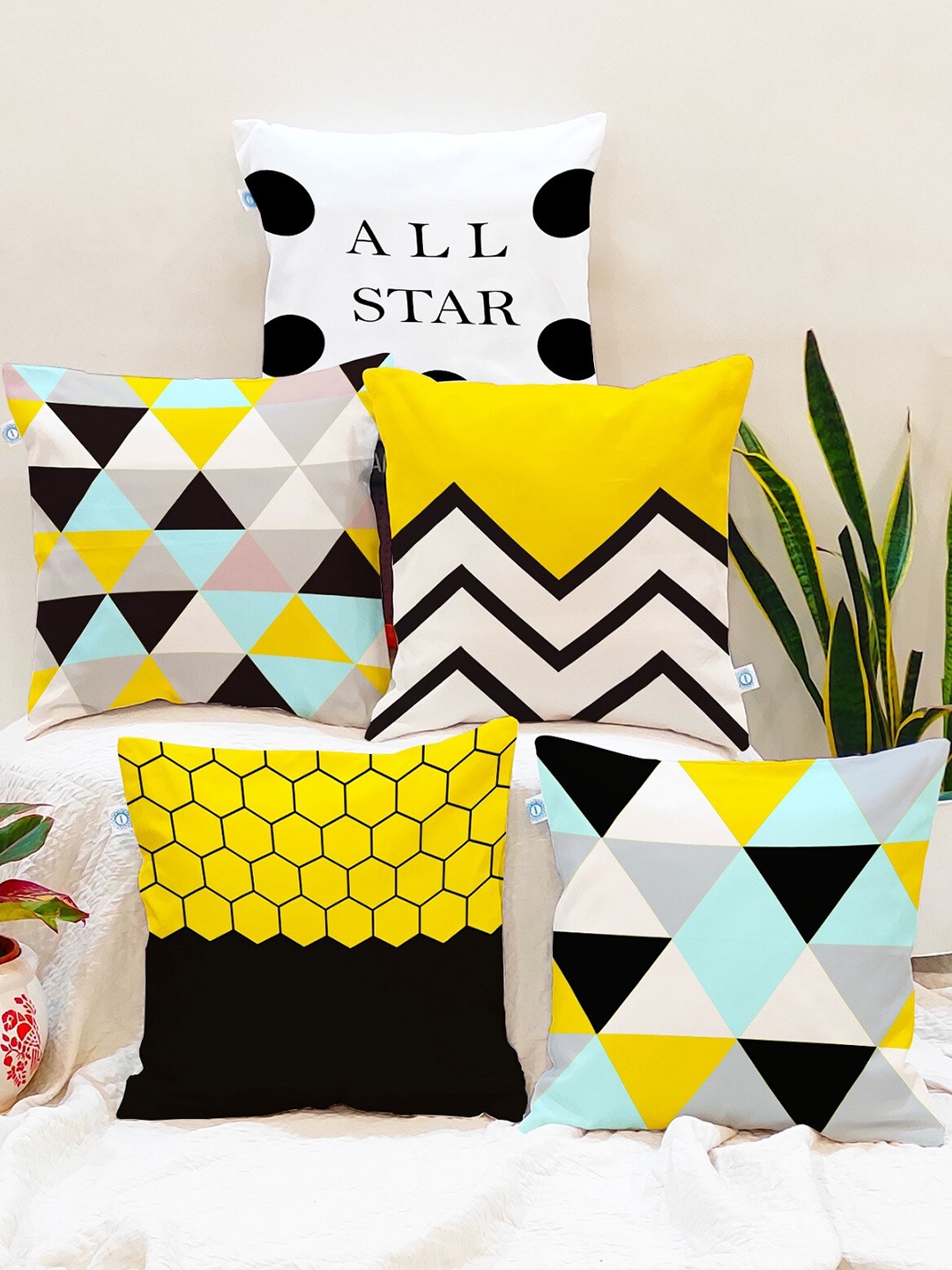 

STITCHNEST Yellow & White Set of 5 Geometric Square Cushion Covers