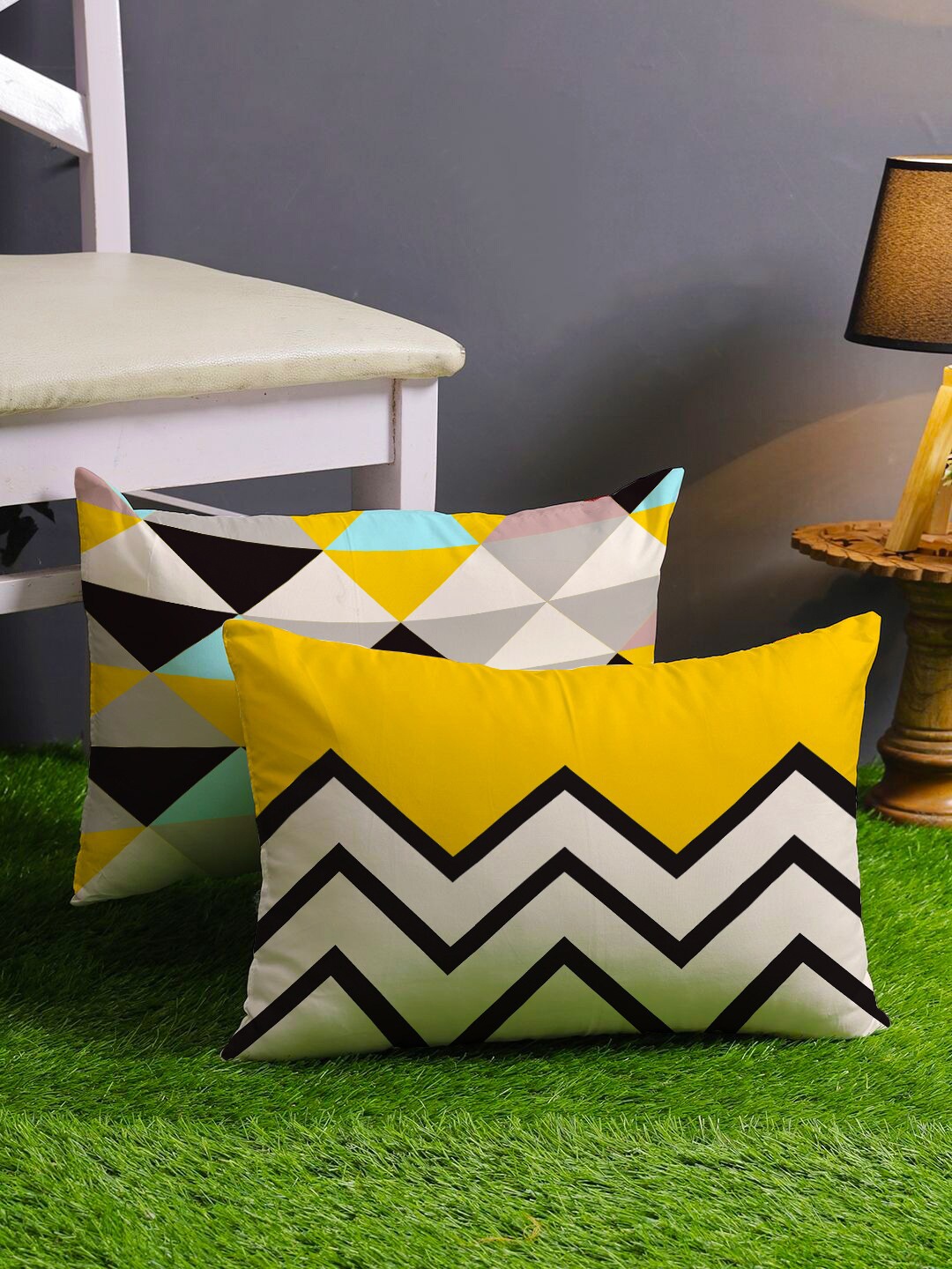 

STITCHNEST Set of 2 Yellow & White Geometric Rectangle Cushion Covers