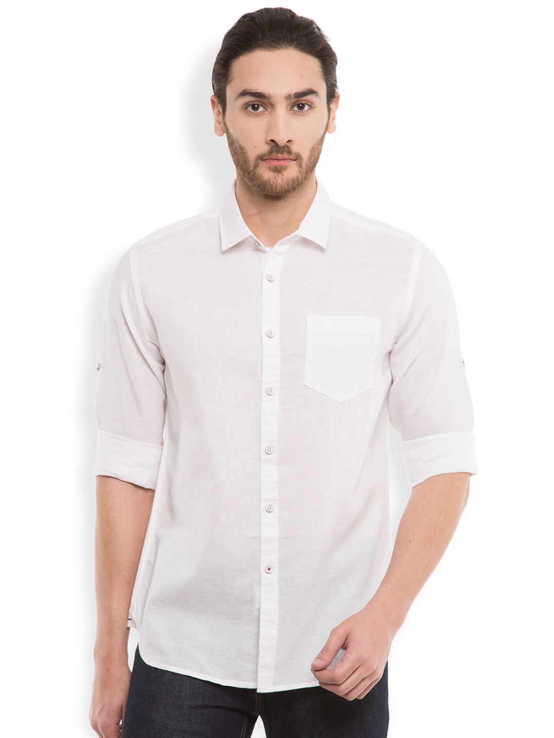 

LOCOMOTIVE Men White Slim Fit Solid Linen Shirt