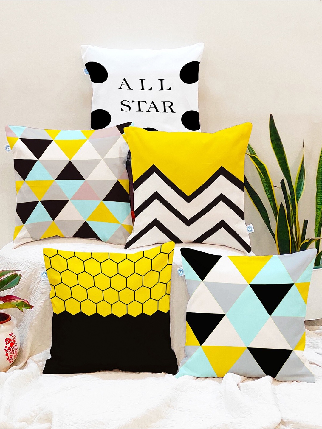 

STITCHNEST Yellow & White Set of 5 Geometric Square Cushion Covers