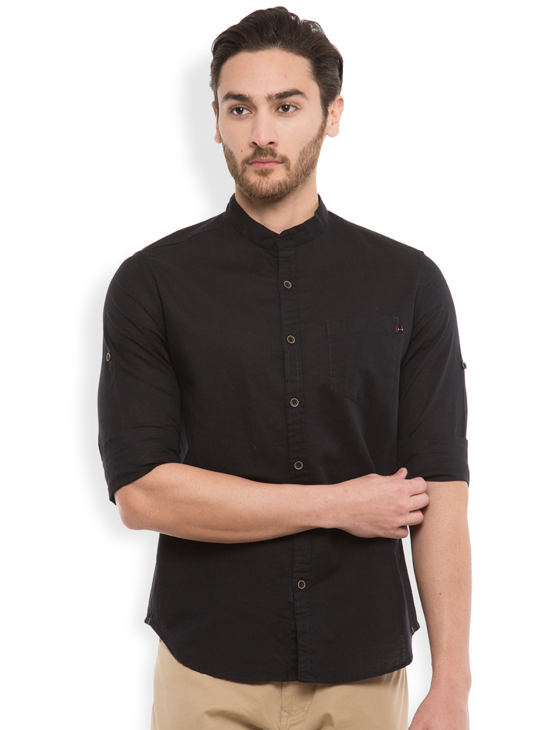 

LOCOMOTIVE Men Black Slim Fit Solid Linen Shirt