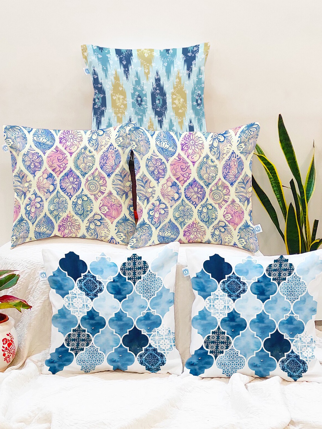 

STITCHNEST Set of 5 Blue & Pink Ethnic Motifs Square Cushion Covers