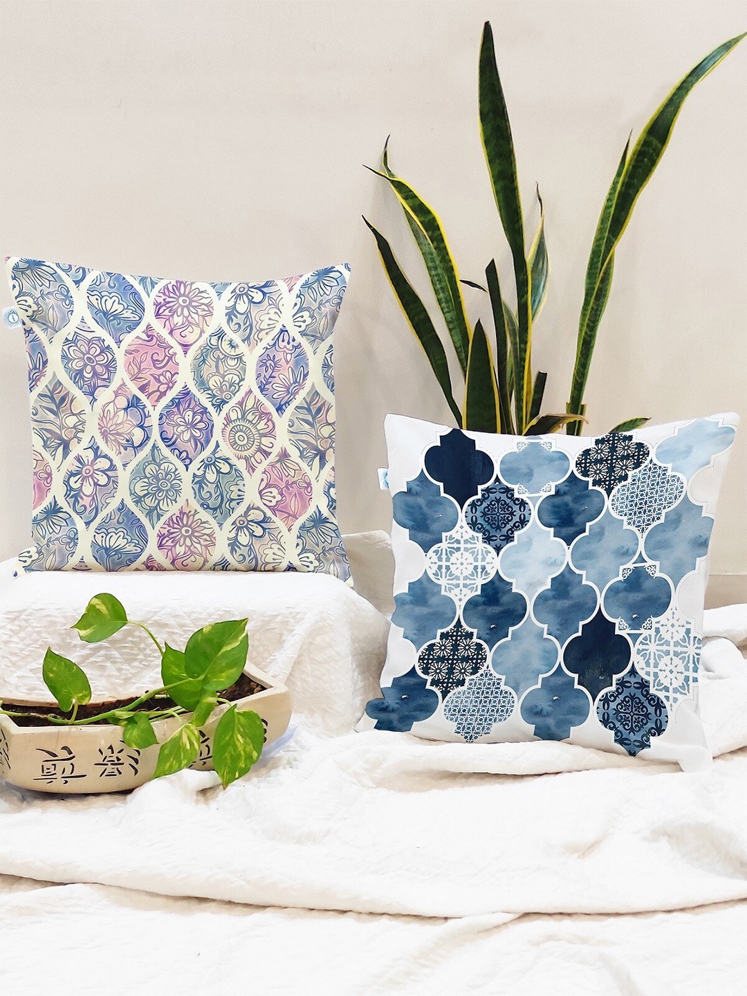 

STITCHNEST Blue & Pink Set of 2 Ethnic Motifs Square Cushion Covers