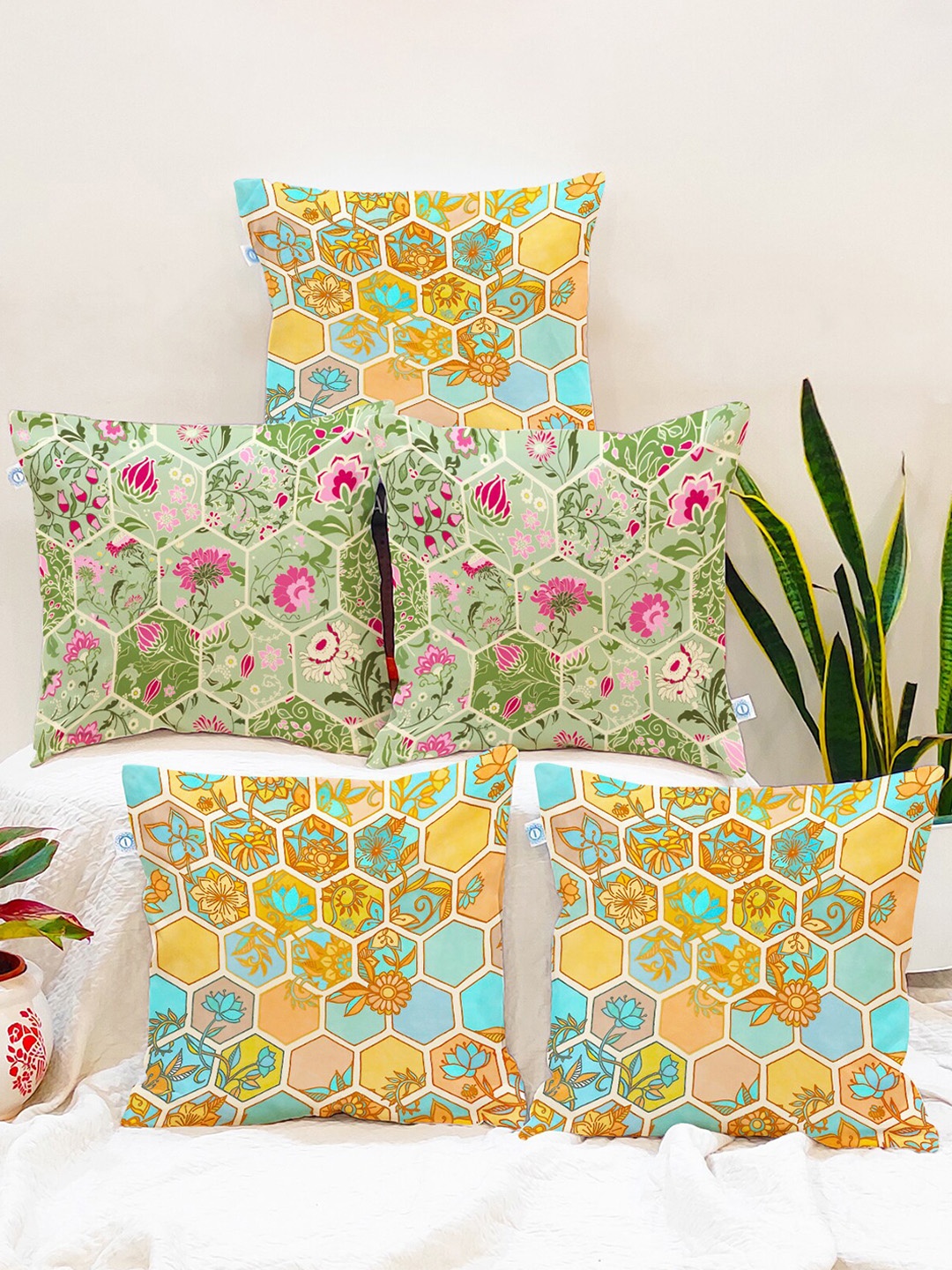 

STITCHNEST Green & Yellow Set of 5 Floral Square Cushion Covers