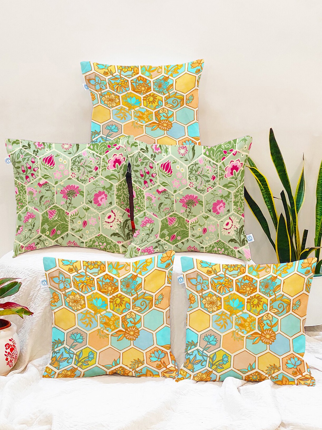 

STITCHNEST Pack Of 5 Green Printed Green Square Cushion Covers