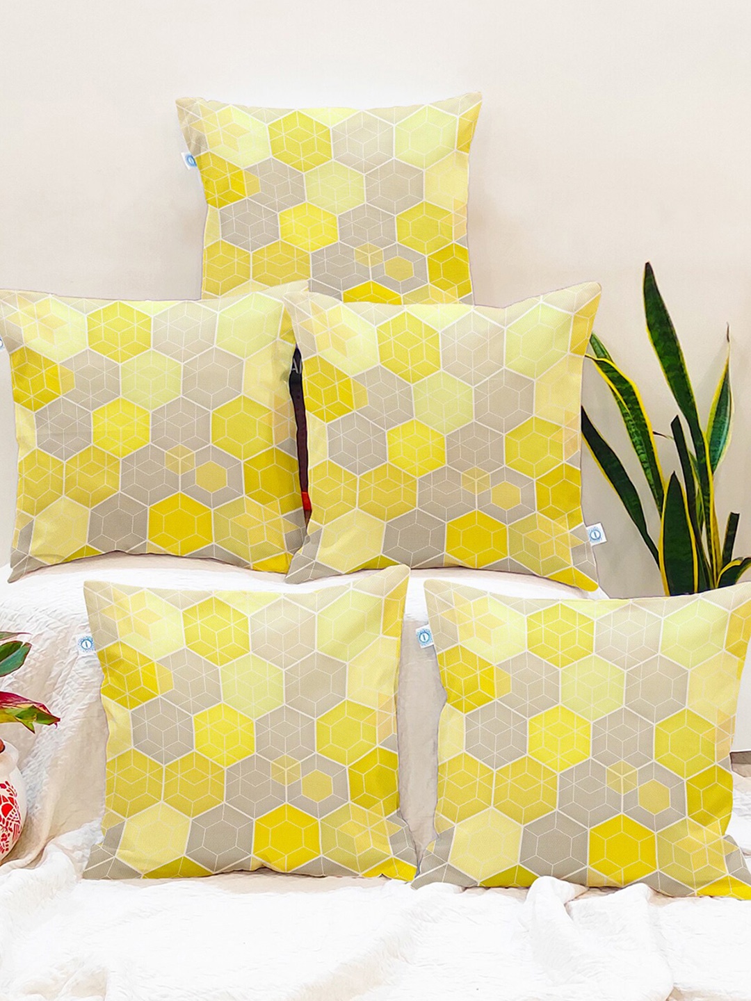 

STITCHNEST Yellow & Grey Set Of 5 Geometric Printed Square Cushion Covers