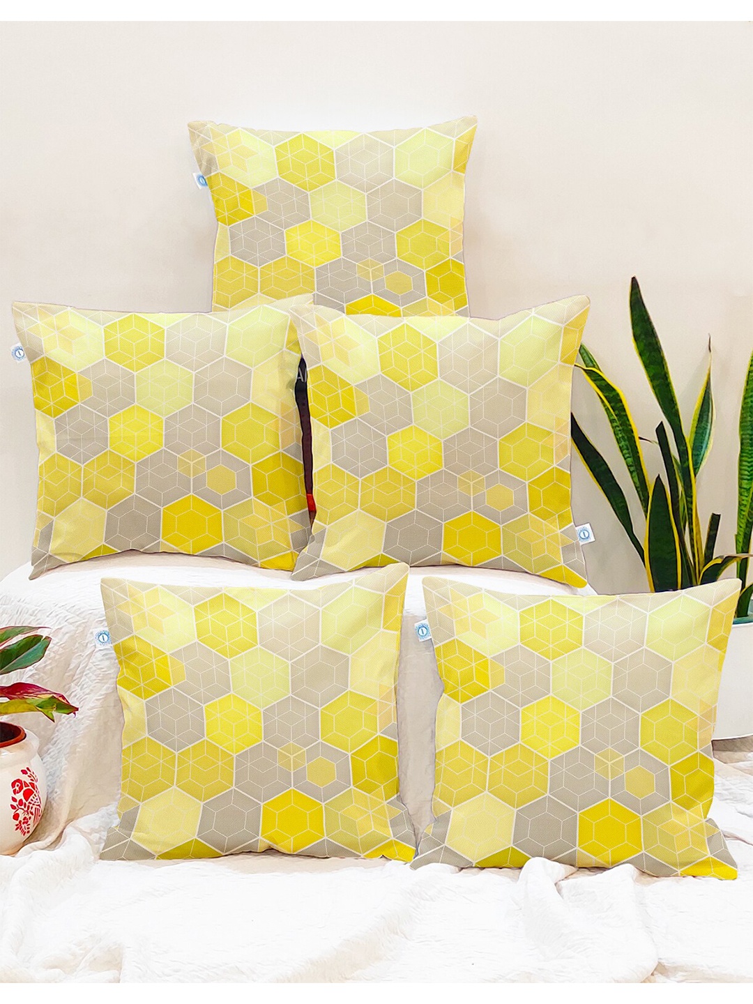 

STITCHNEST Yellow & Grey Set of 5 Geometric Square Cushion Covers