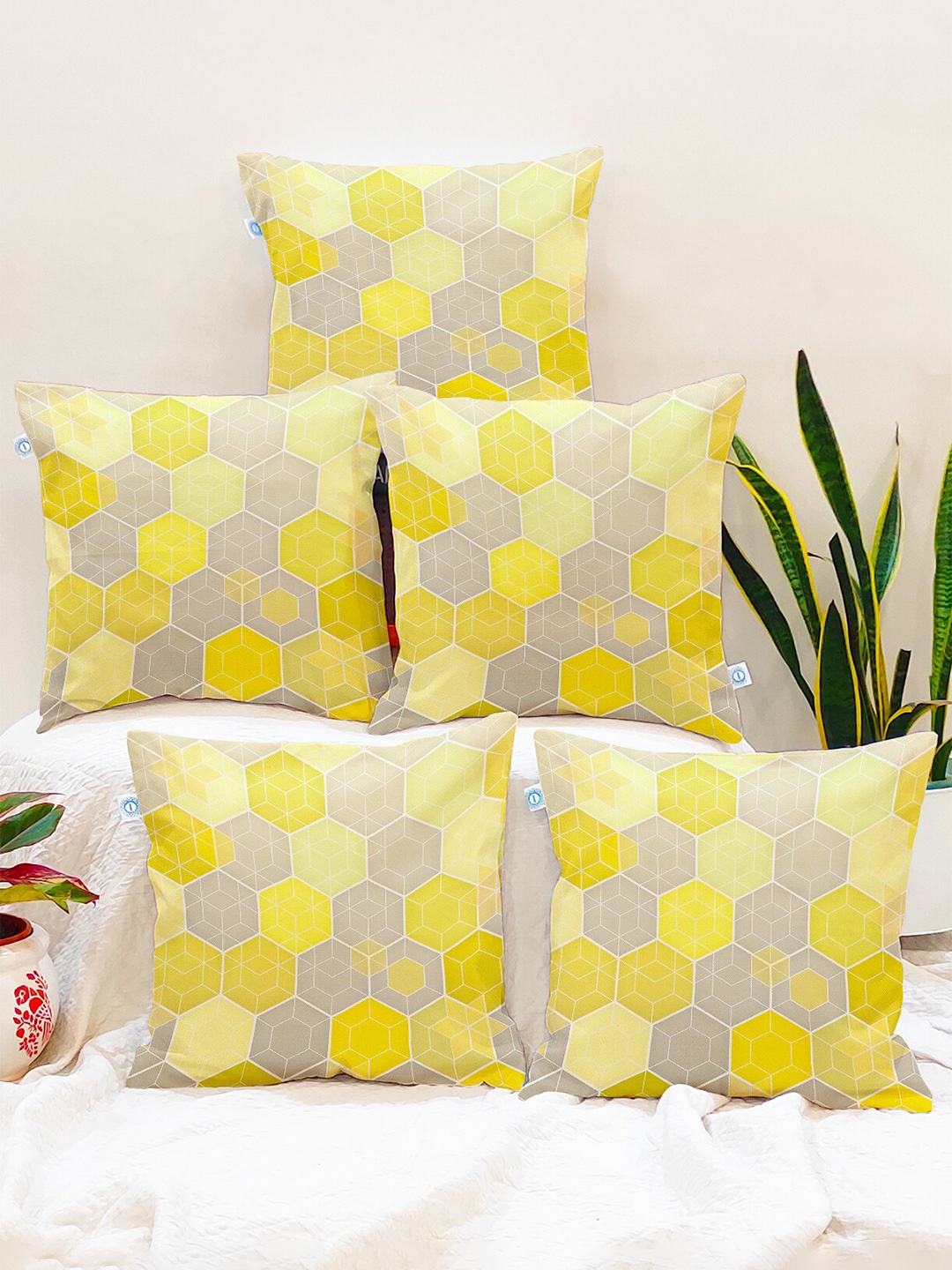 

STITCHNEST Yellow & Grey Set of 5 Geometric Square Cushion Covers