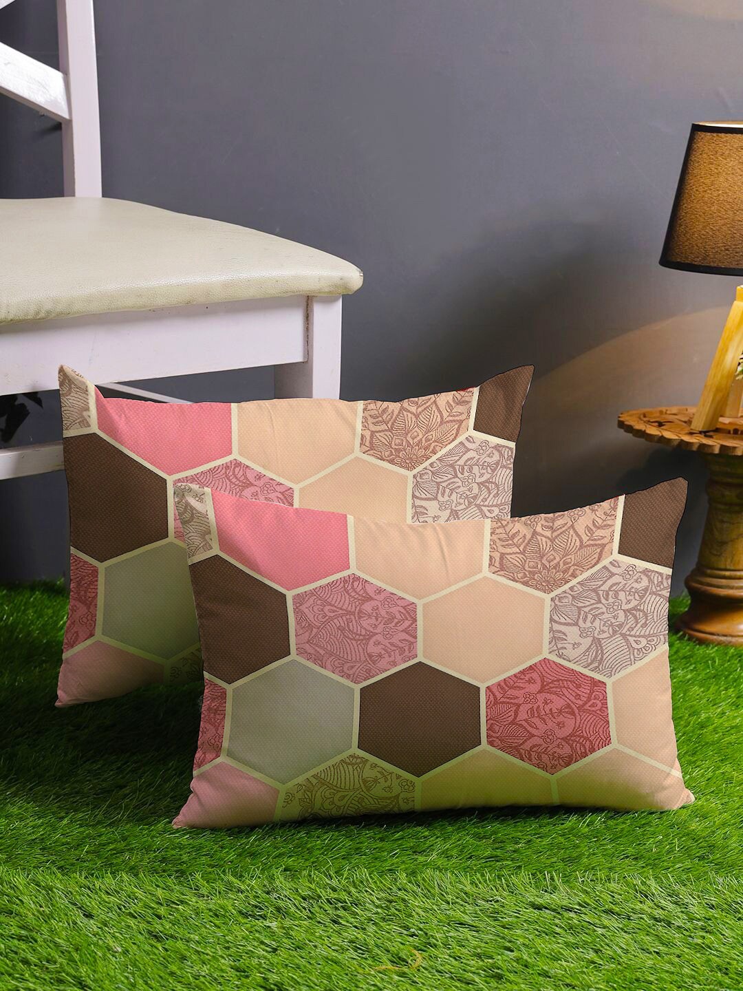 

STITCHNEST Peach-Coloured & Brown Set of 2 Geometric Rectangle Cushion Covers