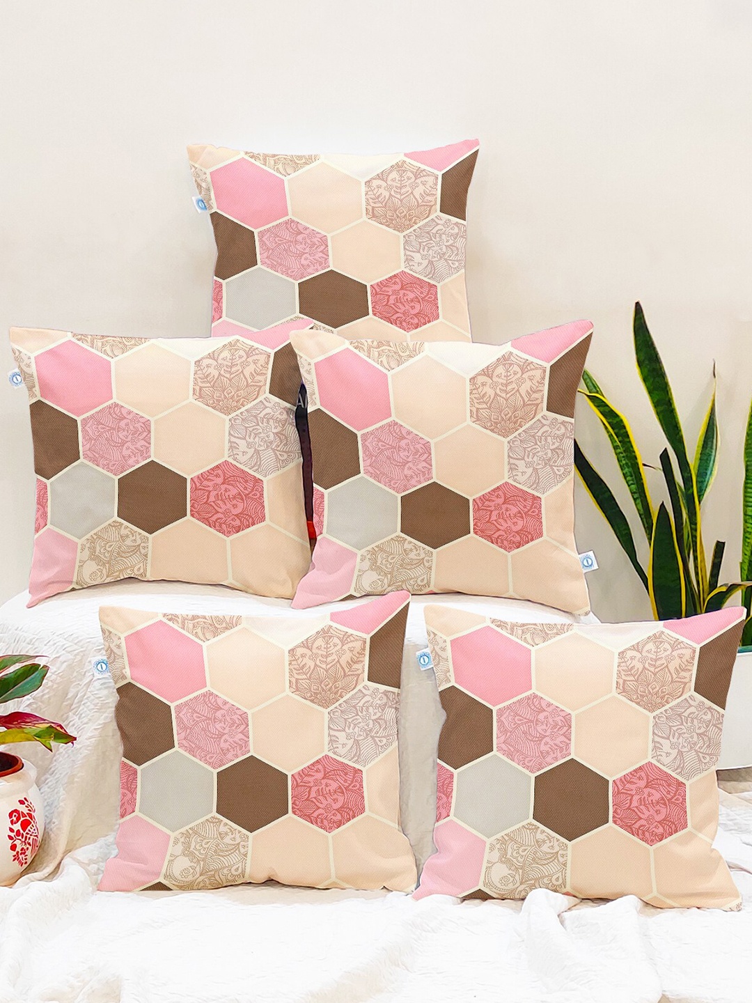 

STITCHNEST Peach & Pink Set Of 5 Geometric Printed Square Cushion Covers