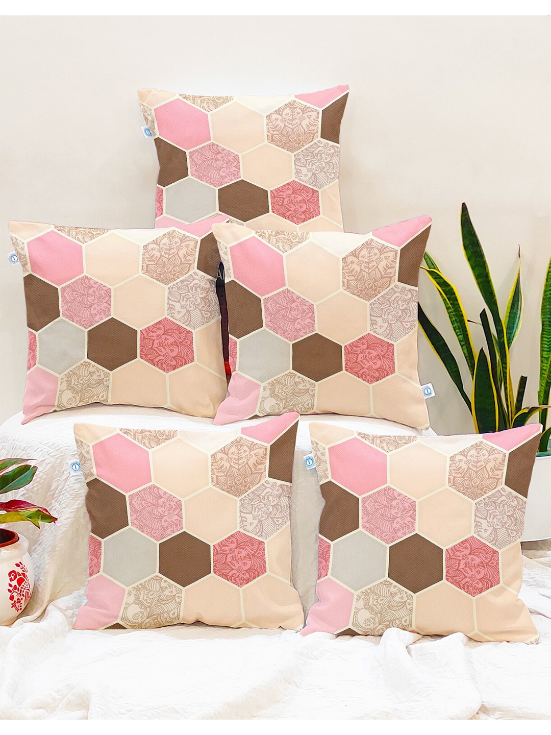 

STITCHNEST Set of 5 Peach-Coloured & Brown 18" x 18" Geometric Square Cushion Covers