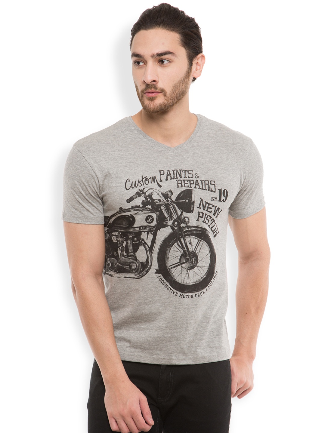

LOCOMOTIVE Men Grey Melange Printed V-Neck T-Shirt
