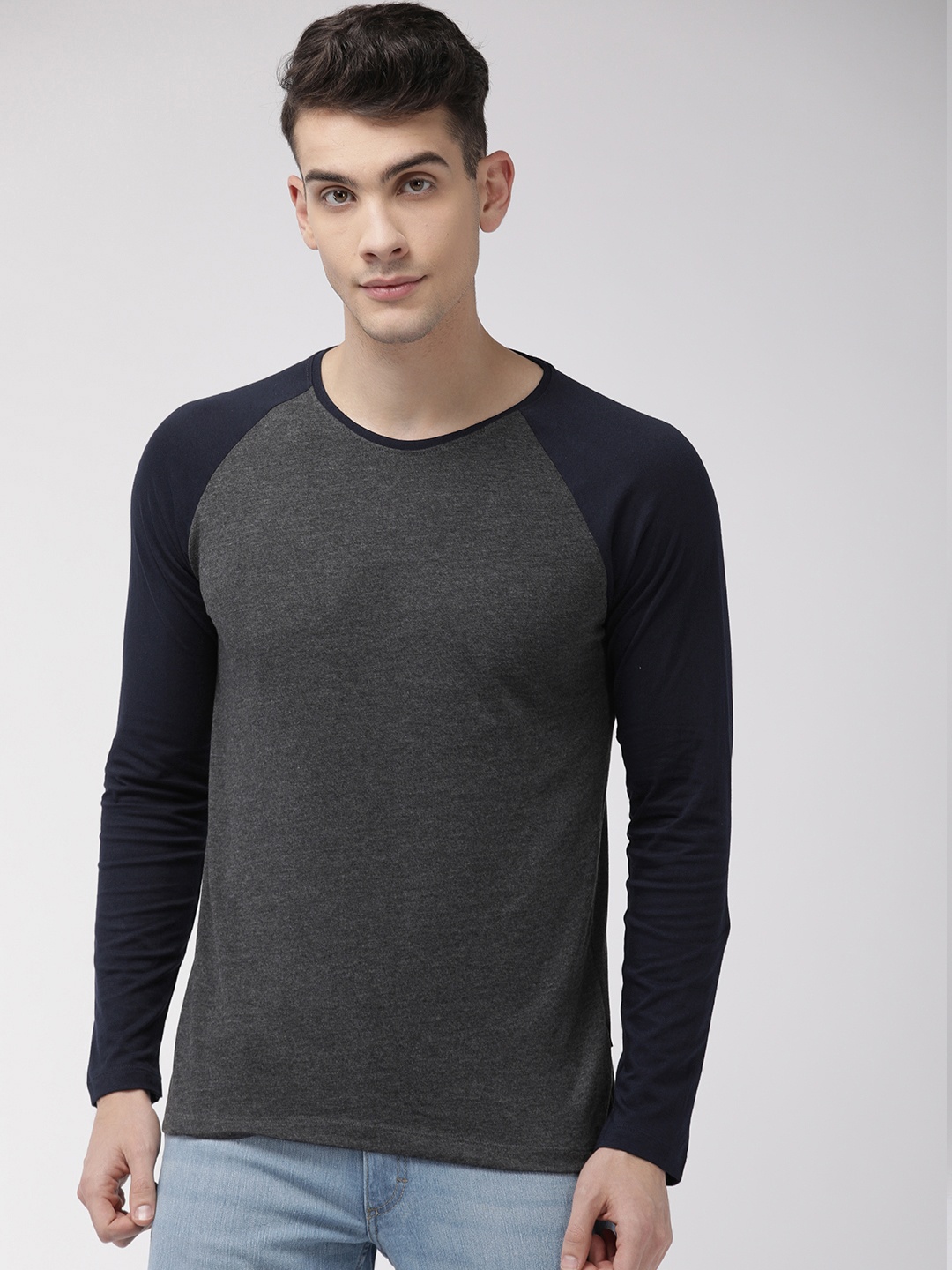 

HIGHLANDER Men Charcoal Grey & Navy Blue Slim Fit Solid Round Neck T-Shirt