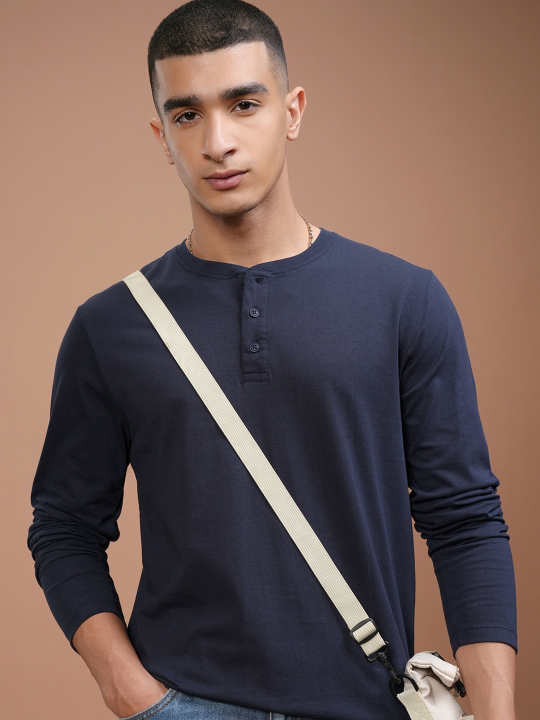 

HIGHLANDER Men Navy Blue Henley Pure Cotton T-shirt