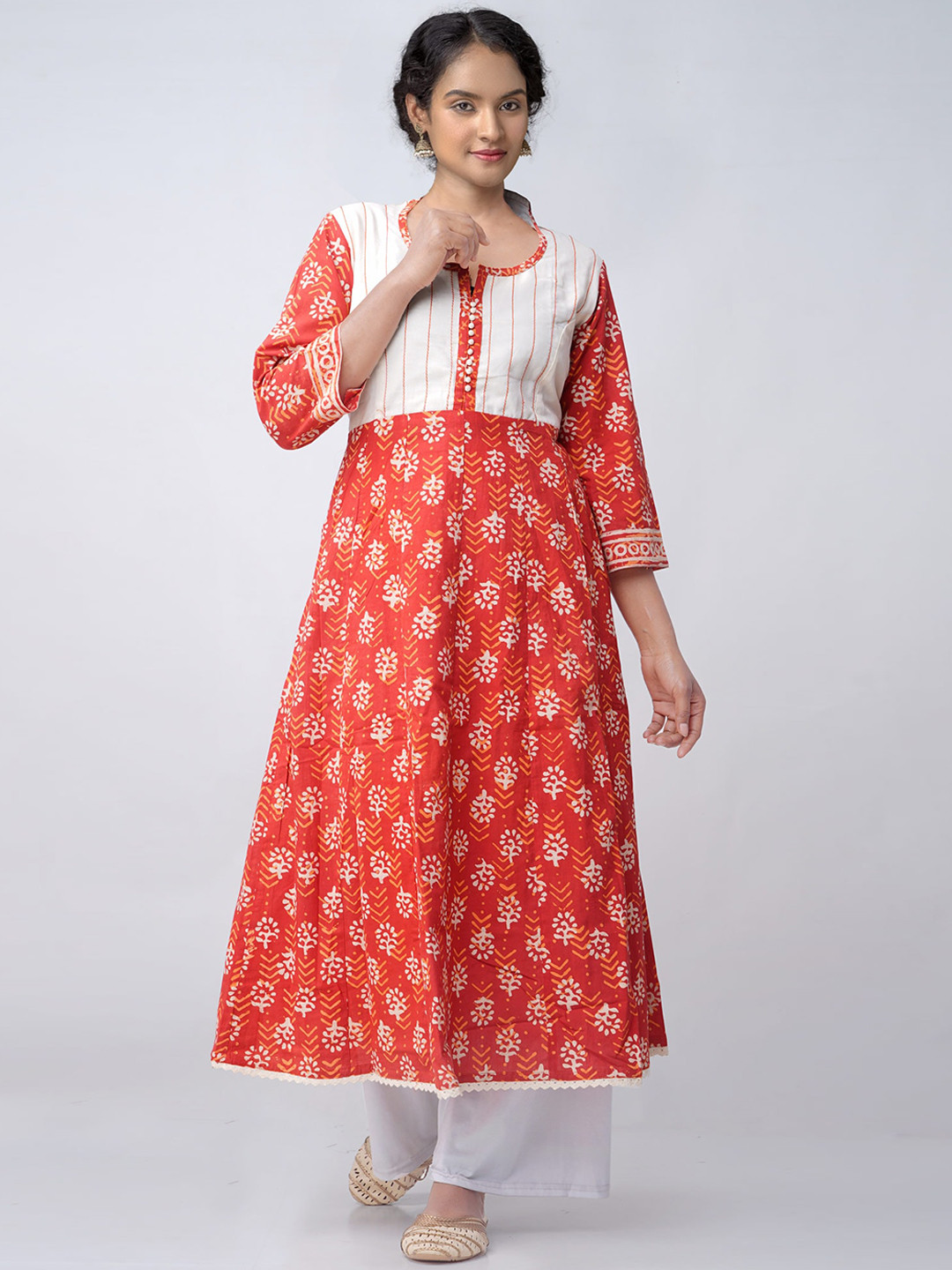 

Unnati Silks Women Red Ethnic Pure Dabu Printed Rajasthani Cotton Anarkali Kurta