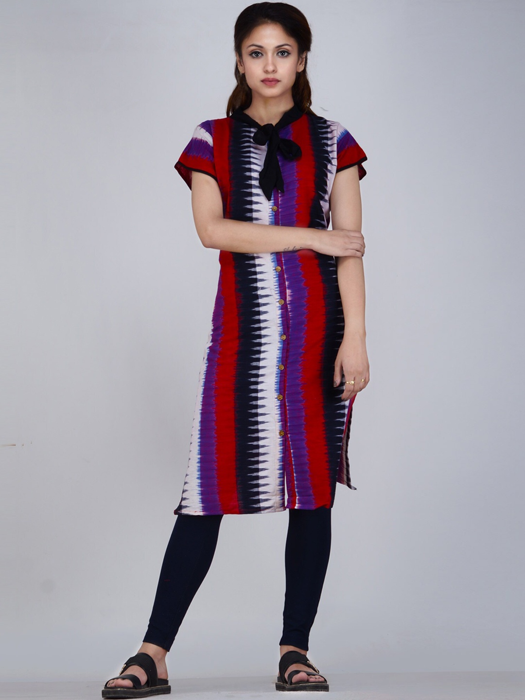 

Unnati Silks Women Maroon & White Cotton Striped Kurta