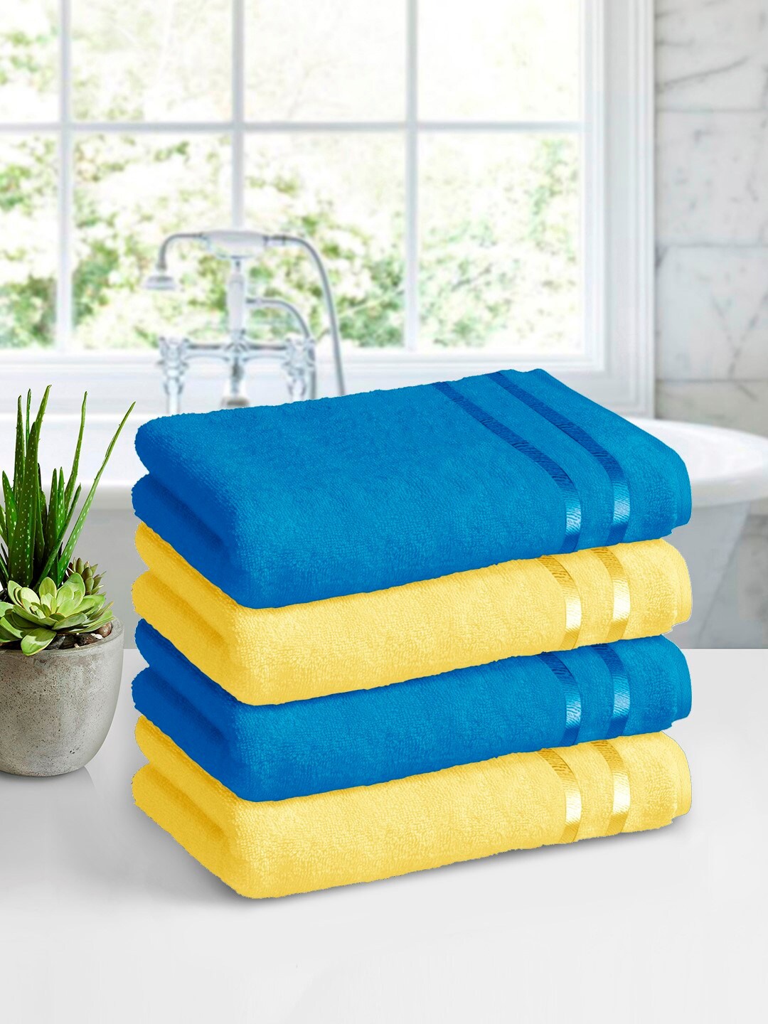 

Story@home Set of 4 Blue & Yellow Solid Pure Cotton 450 GSM Bath Towels