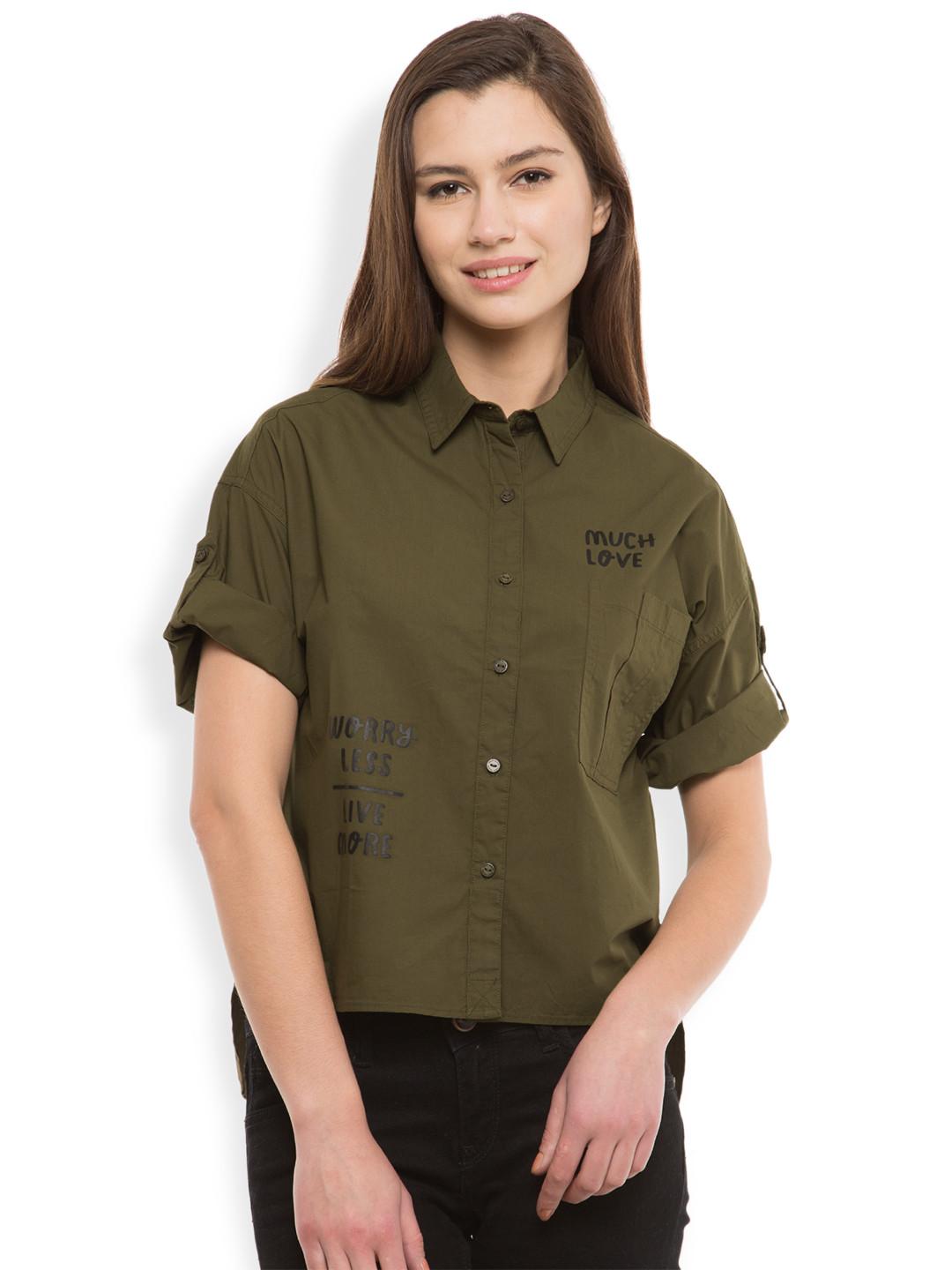 

Tokyo Talkies Women Olive Green Solid Casual Shirt with Printed Detail