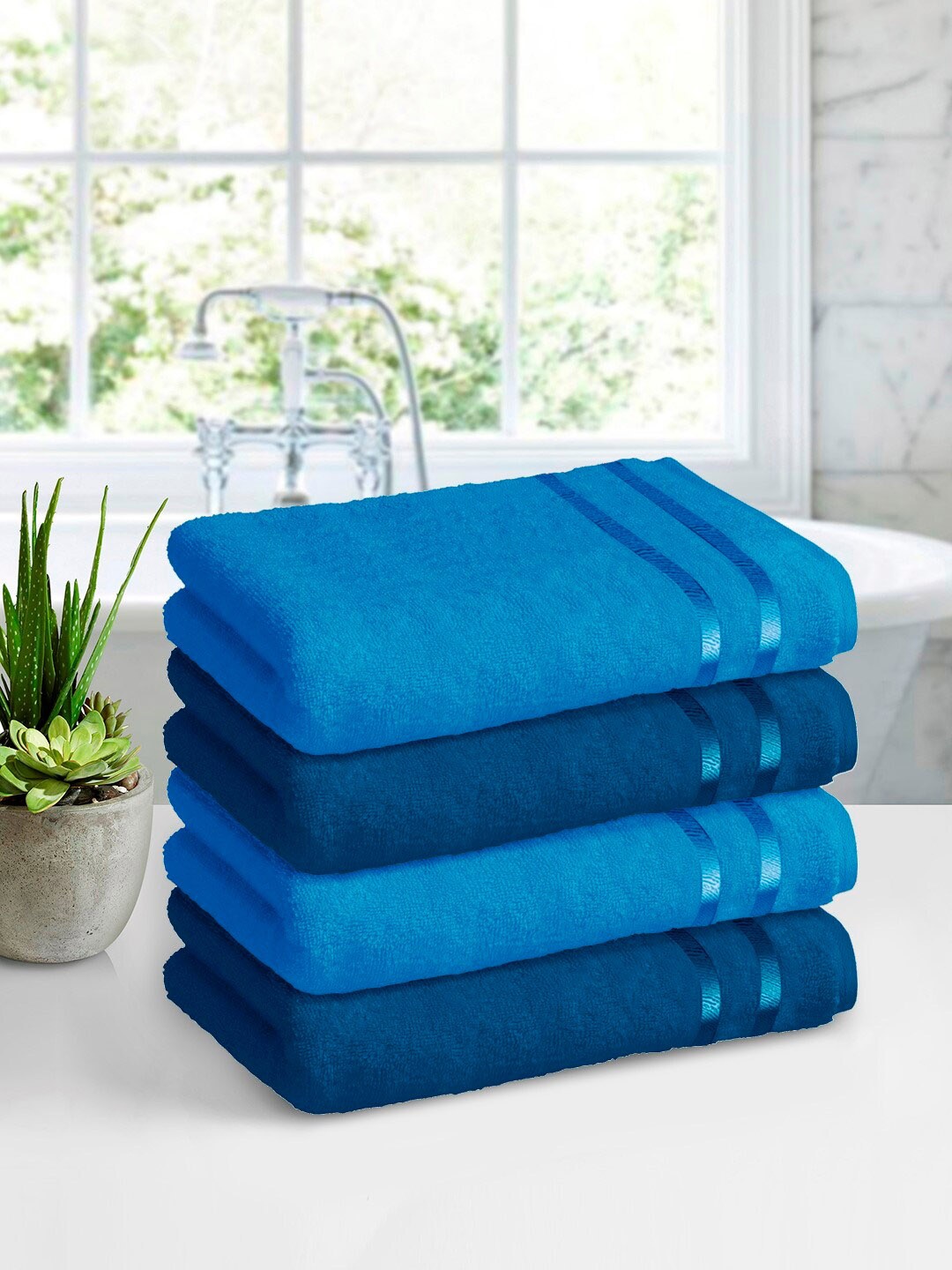 

Story@home Set Of 4 Solid 450 GSM Pure Cotton Bath Towels, Blue