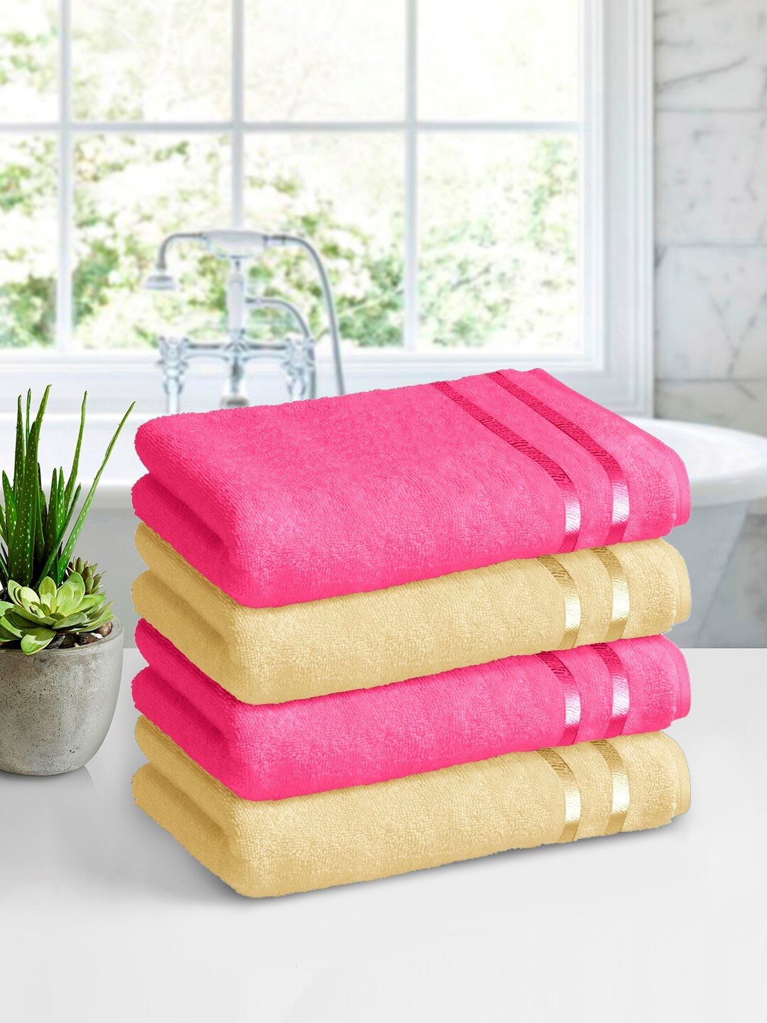 

Story@home Pink & Beige Pack of 4 450 GSM Pure Cotton Bath Towels